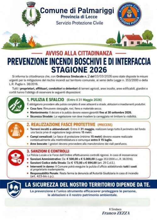 ORDINANZA N.2/2026 - STAGIONE A.I.B. 2026 - ATTIVITA\' PROPEDEUTICHE E DI PREVENZIONE DEL FENOMENO DEGLI INCENDI BOSCHIVI E DI INTERFACCIA SUL TERRITORIO COMUNALE